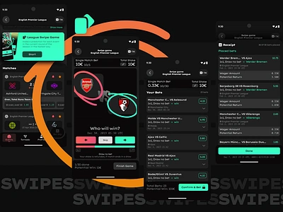 League Swipes — betwisio — betting with swipes bet slip betting bettor bookmaker gambling igaming league mobile app receipt summary sumup swipe feature swipes