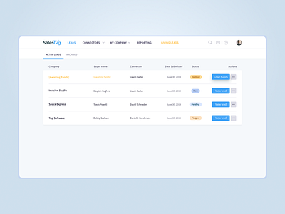 SalesGig leads feature b2b leads product design sales table ui user interface ux