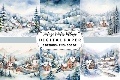 Vintage Winter Village Digital Paper tumbler wrap