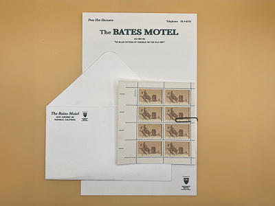 The Bates Motel Stationery bates motel beth mathews film graphic design for film graphic prop hotel letterhead los angeles motel prop prop design stamp stamps stationery vintage vintage design wes anderson western