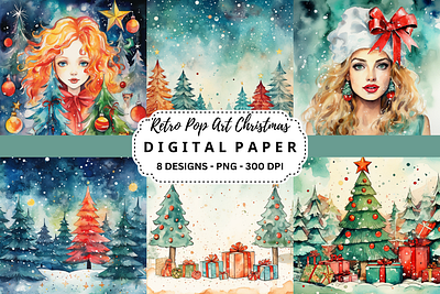 Retro Pop Art Christmas Watercolor Background tumbler wrap