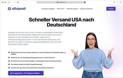Altapost.de - Mail forwarding Landing page altapost delivery mail forwarding parcels post postal shipping worldwide