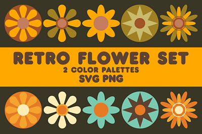 Retro Seventies Groovy Flower Set SVG and PNG 70s flower clipart 70s vintage flowers flower svg graphic design groovy flowers illustration svg vector