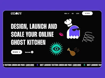GHOST | Restaurant Landing page ani animation design designinspiration dribbble dribbbleshot graphicdesign illustration landing page landingpage landingpagedesign landingpageui motiondesign purple trendy ui uidesign uiux webdesign website
