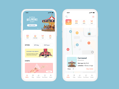 Amusement Park App amusement park blue carnival design entertainment park gradient mobile app orange pink ticket ui ui design uiux ux ux design white