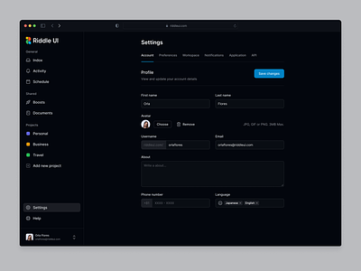 Settings - Riddle UI dark mode darkdesign dashboard dashboard settings dashboard ui design design system figma figma design system figma ui figma ui kit minimal design product design riddle ui riddleui ui ui dashboard ui figma ui kit ux