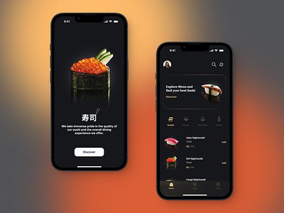 Sushi menu app app branding cart checkout delivery graphic design japan logo luxurious menu mobile onboarding saas shop sushi ui