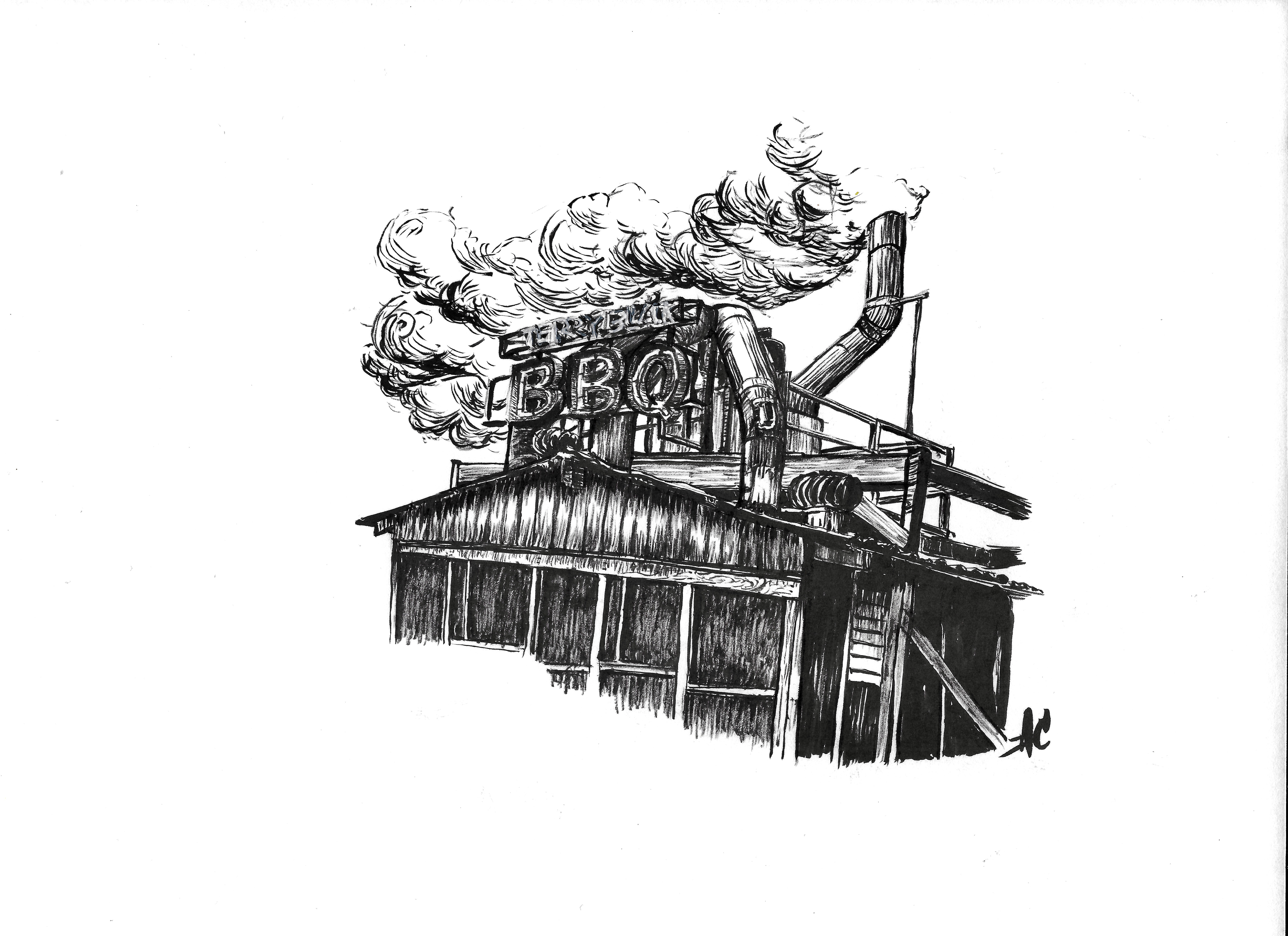 Terry Black's - BBQ austin bbq building drawing illustration ink inktober intober2023 smoker terryblacks texas