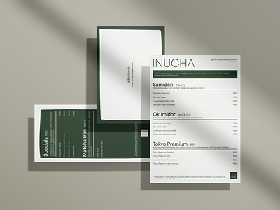 Menu Design For Inucha Ceremonial Matcha brand design brand direction brand identity branding coffee menu graphic design luxury branding matcha matcha brand matcha branding menu menu concept menu design minimalist modern menu