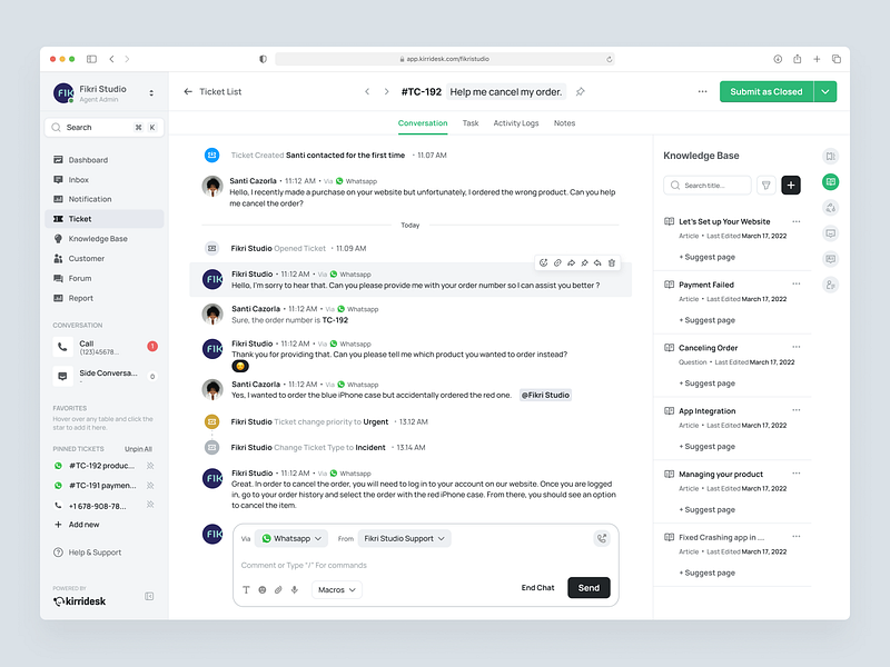 KirriDesk - Conversations for SaaS Customer Service Management business chat conversation crm csm customer service dashboard help desk management product design saas saas design solution support ticket list ui ux web app web design