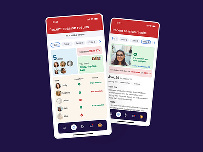 Dating Session Results | FaceTime + Speed Dating App app bold branding cards color blocking colorful dashboard dating design image mobile mobile app product design profile results tabs typography ui ux uxui