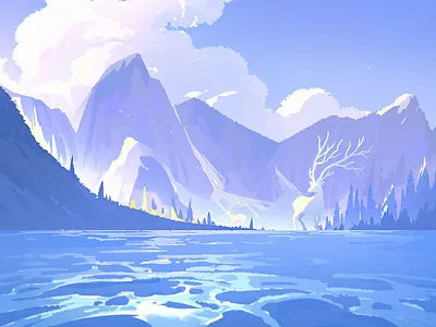 Morning light deer illustration lake landscape
