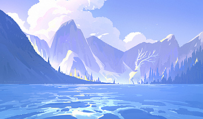 Morning light deer illustration lake landscape