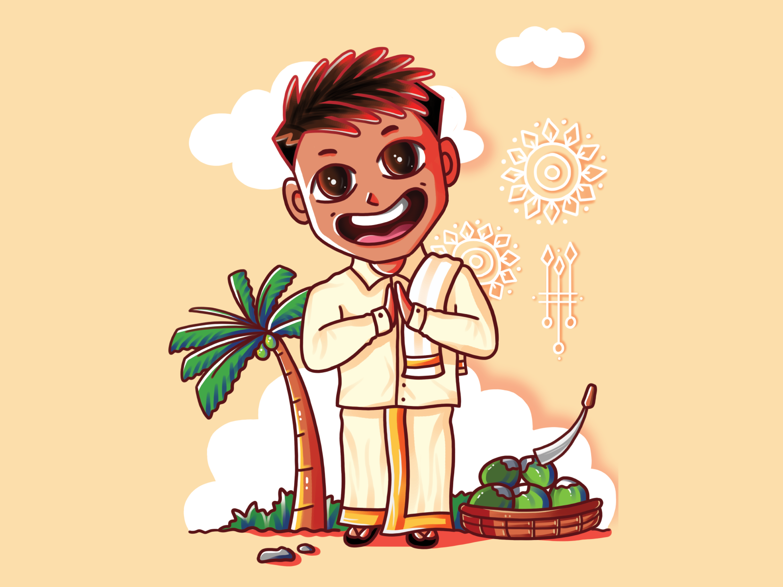 Phoenix in South Indian attire art character design clouds coconut design dhoti digital art gaming graphic design illustration nature onam phoenix rangoli south indian valorant visual