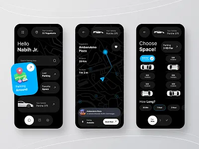 Mobile Parking Apps apps clean dark mode mobile orenji parking parkir studio ui