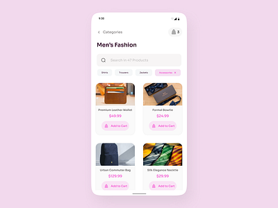 Category List Screen with Search & Chips Mobile UI Design cart ui design categories design categories ui design chips chips ui design clean ui design list ui design mobile app design mobile ui designm pink color pallete ui search bar ui design shopping app ui design ux design