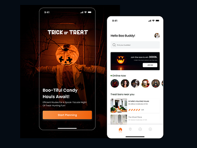 Trick or Treat Route Planner black clean dark design halloween home logo map minimal mobile design onboarding orange route season spooky tabbar trend ui user interface ux