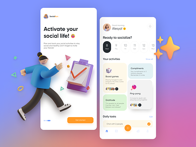 SocialBun - mobile app 3d app branding calendar cards design elinext graphic design group icons illustration invite mobile app onboarding satisfaction social statistic stats ui ux