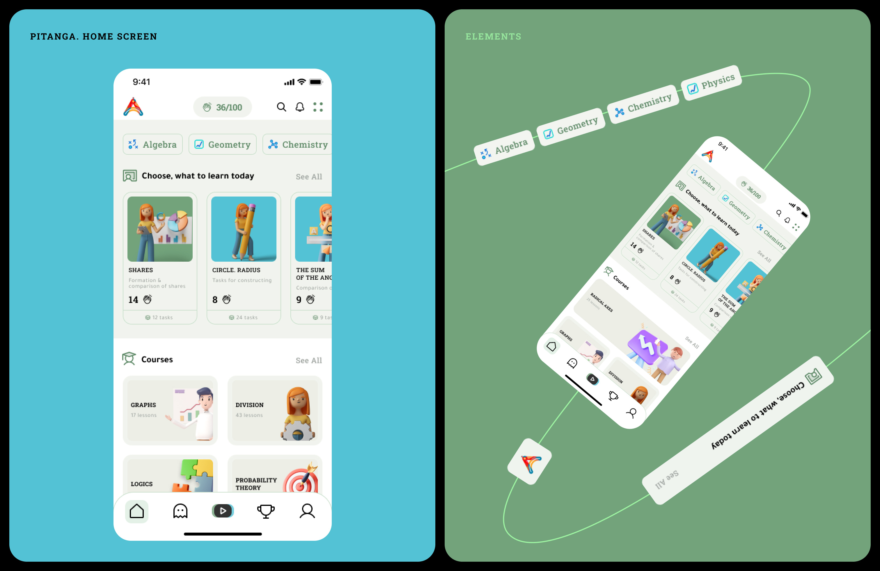 Pitanga - mobile app 3d branding calendar cards colors courses design e learning elinext home illustration learning logo mobile app school success tabs tasks ui ux