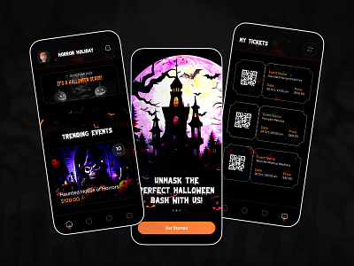 HorrorHoliday - A Halloween Event Booking App app app design booking clean concept creative dark theme design event event app events halloween horror minimal mobile onboarding scary spooky ticket ui