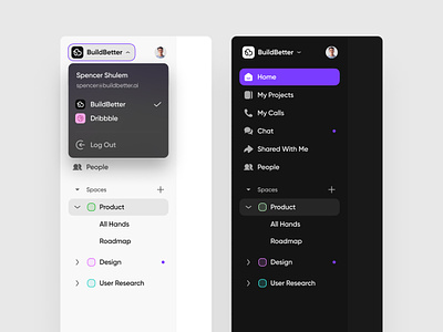 BuildBetter - Navigation dashboard sidebar for AI Product Assist ai app buildbetter clean dark theme dashboard design design system dropdown interface menu minimal nav bar navigation sidebar ui ui design ux web web design