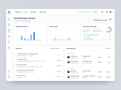 HRMS Dashboard - Leave Tracker admin dashboard app attendance bar graph clean ui complex ui dashboard design employee dashboard hr dashboard leave requests leave tracker minimal ui my leaves office people management ui ux webapp