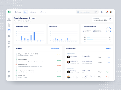 HRMS Dashboard - Leave Tracker admin dashboard app attendance bar graph clean ui complex ui dashboard design employee dashboard hr dashboard leave requests leave tracker minimal ui my leaves office people management ui ux webapp