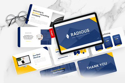 Radious PowerPoint Template agency blue business consulting gsl key modern powerpoint ppt pptx presentation template radious ui website yellow