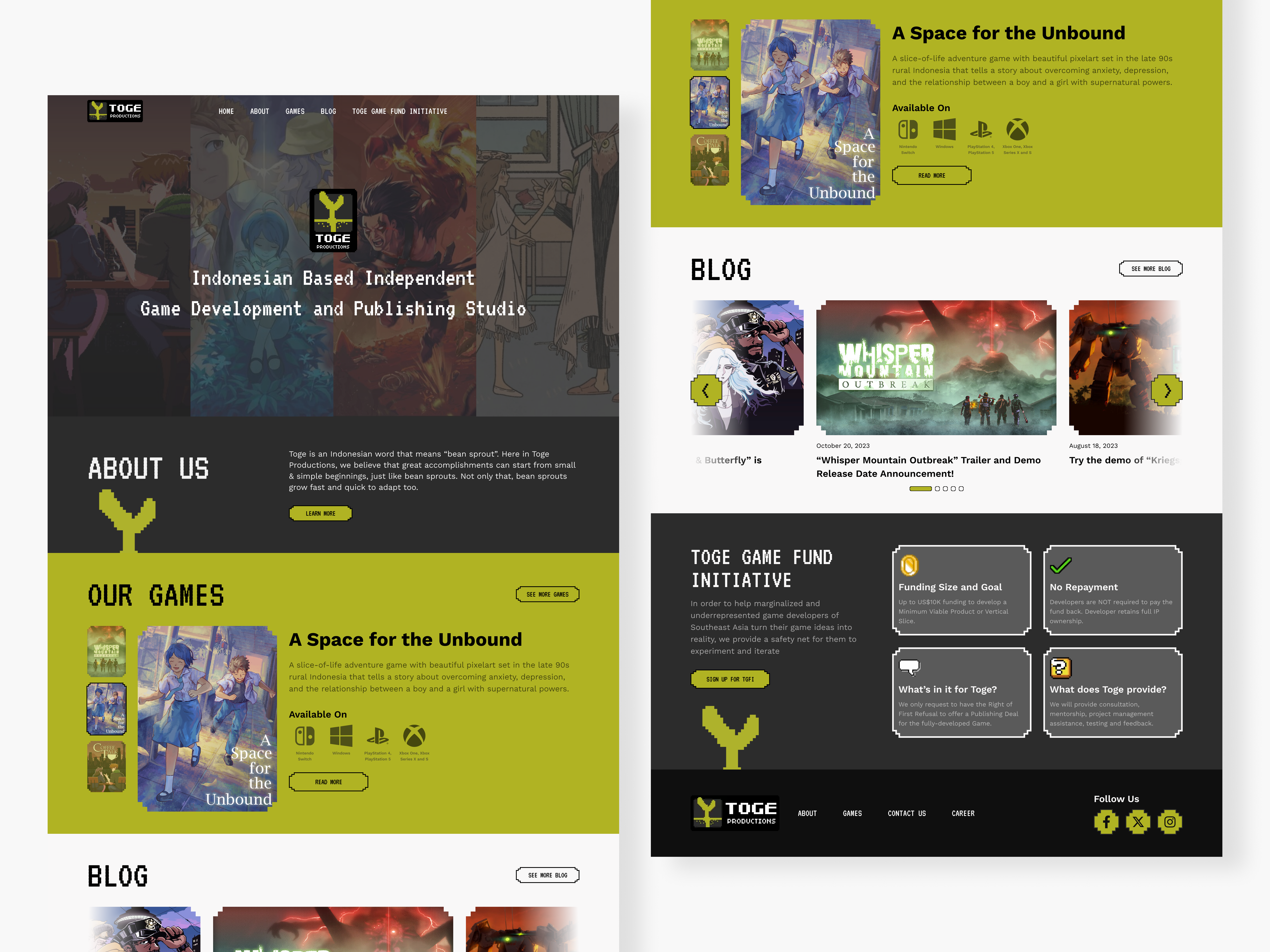 Toge Production - Indonesian Game Publisher Web UI design game developer web game publisher web game web landing page toge production ui ui design uidesign uiux