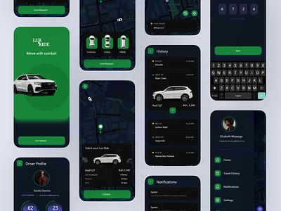 LUX RIDE APP adobexd android authentication car cardetails contact driver driving map mobile mobile app ride signin signup taxi ui uiux user user settings