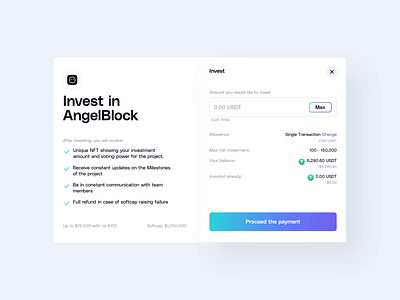 AngelBlock: Investment Flow allowance angelblock badge blockchain certificate crypto flow fundraising invest investment metamask nft raising transaction ux wallet web3