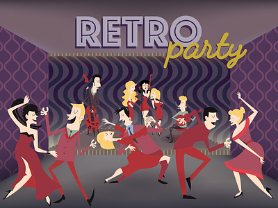 Retro party. Back to the past. Retro band and singers at party. 60s 70s 80s art background character collection design designer drawing for sale graphic design illustration poster retro retro party set stock vector vintage
