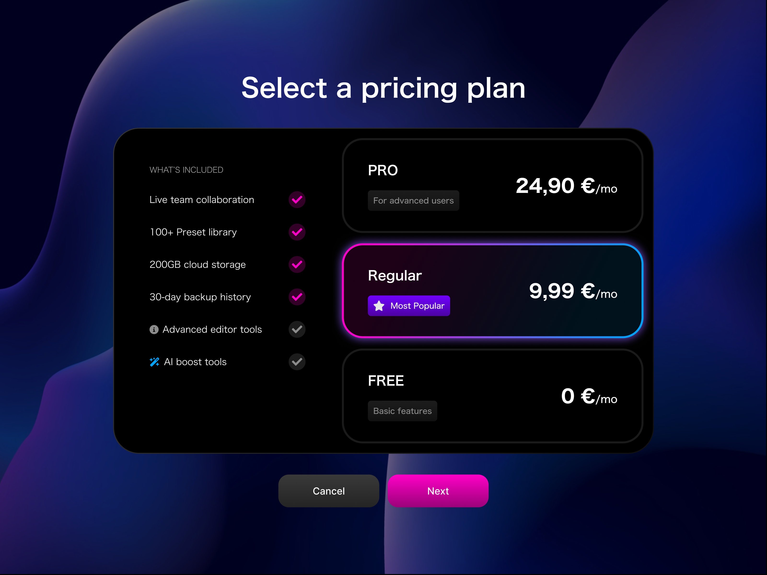 Pricing plans comparison dark mode plan price pricing selection subscription table tool ui