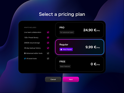 Pricing plans comparison dark mode plan price pricing selection subscription table tool ui
