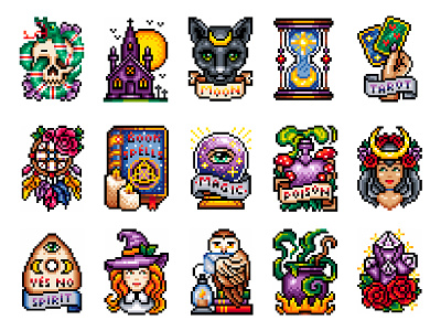 Magic Set character character design digital digital art ghotic graphicdesign halloween horror illustration illustration art magic magic illustration pixel pixelart pixelartillustration pixelartist pixels stickers violet witch