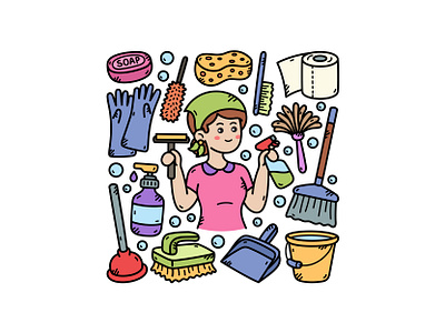 Cleaning Doodle Set brush cleaning cute doodle glove icon illustration logo soap tissu trash vector