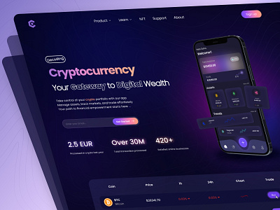 Cryptocurrency Landing Page analytics banking blockchain crypto crypto exchange cryptocurrency design finance landing page fintech homepage invest landing landing page nft stocks ui ux wallet web design