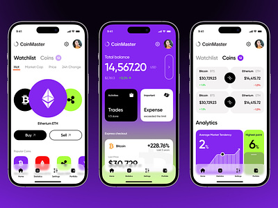 CoinMaster Mobile App Concept analysis app bitcoin colorful concept creative crypto design exchange green modern stylish trading ui uidaily ux ux daily violet