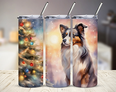 Christmas Australian Shepherd Watercolor 20oz Tumbler Wrap 20oz tumbler aussie australian shepherd christmas christmas tree cup design design digital art dog dog mom dog tumbler graphic design hand drawn illustration shepherd mom tumbler watercolor