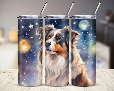 Australian Shepherd Dog 20oz Skinny Tumbler PNG 20oz tumbler aussie aussie dog mom australian shepherd celestal dog celestial christmas cup design design digital art dog mom graphic design illustration night sleepy starry night starst tumbler