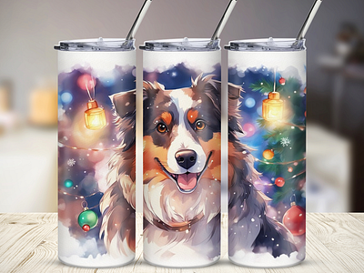 Cute Christmas Aussie Dog 20oz Skinny Tumbler Wrap PNG 20oz tumbler anime aussi mom aussie australian shepherd cartoon christmas background christmas tree cup design design digital art dog dog mom dogs graphic design hand drawn illustration peeking tumbler watercolor