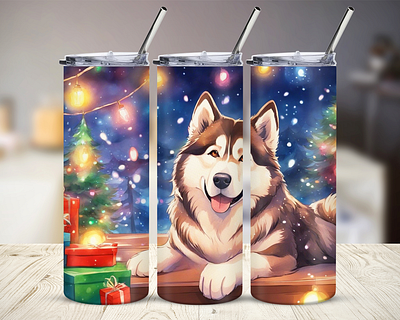 Cute Christmas Alaskan Malamute 20oz Tumbler PNG 20oz tumbler cartoon cartoon dog character clipart cup design cute design digital art dog dog mom dog tumbler dogs graphic design hand drawn illustration skinny tumbler tumbler watercolor watercolor tumbler