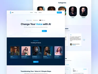 AI Voice Changer : Landing Page ai ai powered artist bot branding clean cutting edge ai technology home page landing page minimal sounds speach ui uiux voice voice changer voice changer app voice cloning web design web ui