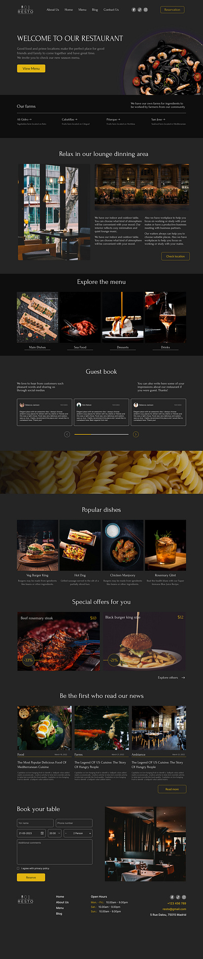 Website design for a restaurant dark design dishes food graphic design illustration landing logo restaurant ui ux we web design website