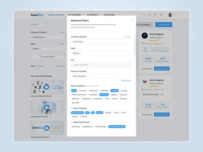 Advanced search filter crm filter inputs modal salesgig tags