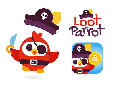 Loot Parrot - Pirate App Mascot animal app branding cartoon character coin cute digital flat funny game geometric illustration logo mascot minimal parrot pirate pirates vector