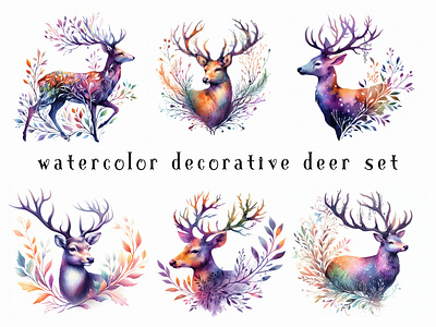 Watercolor decorative deer set animal decorative deer set