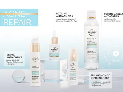 Acne Repair range - Remivia Cosmetics box design boxes branding cosmetic brand dermato cosmetics illustrator label design labels luxury cosmetic mockups packaging packaging design skincare brand