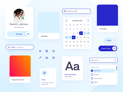 OKR Management Styleguide blue button calendar card components design system icon button icons input light blue search search input select styleguide ui ui kit