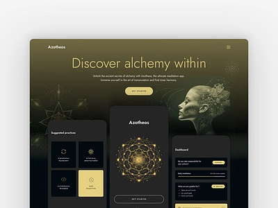 Alchemy & meditation App alchemy landing page app landing page app screens black and gold design digital design gold graphic design marketing landing page meditation landing page sacred geometry single page site typography ui ux website